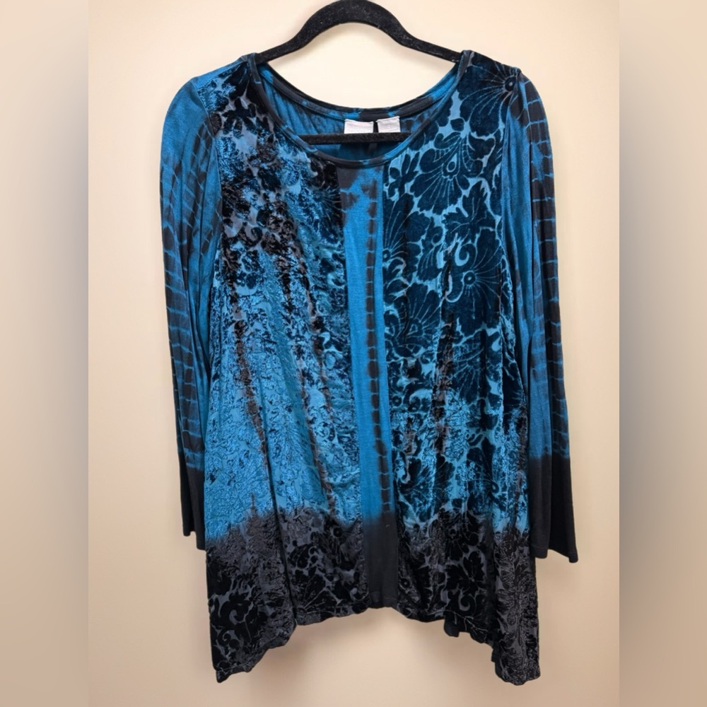 Chico’s Zenergy Blue & Black Velvet Burnout Long Sleeve Top | Size 2 (US 12/14)